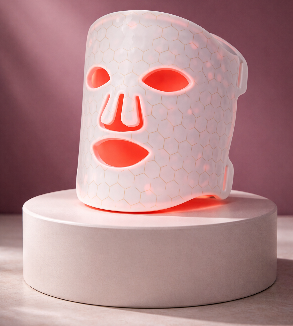 Facial mask device on a white platform with a pinkish-purple background