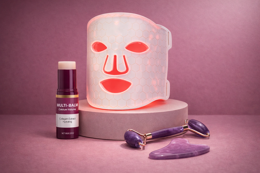 Collagen Facial Bundle – Red Light Therapy Mask, Collagen Multi Balm, Facial Roller & Gua Sha Set for Glowing Skin