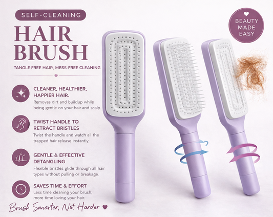 Purple hairbrush with cleaning mechanism on a white background