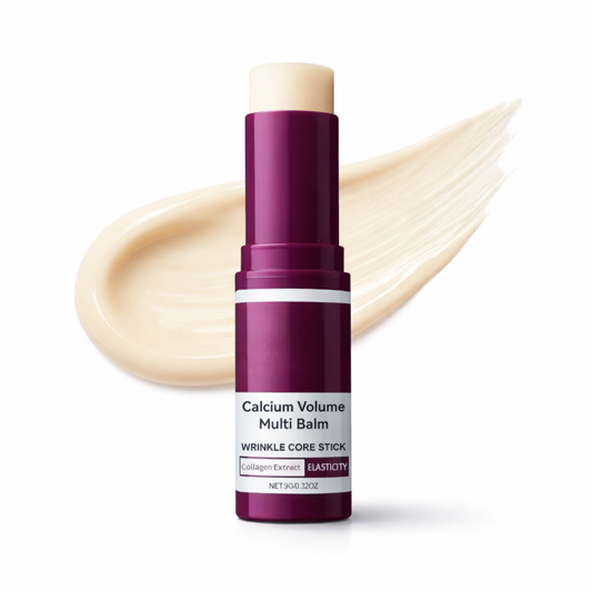 Purple balm stick with a white label on a white background