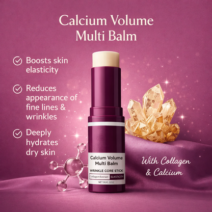 Calcium Volume Multi Balm with crystal and text on a purple background