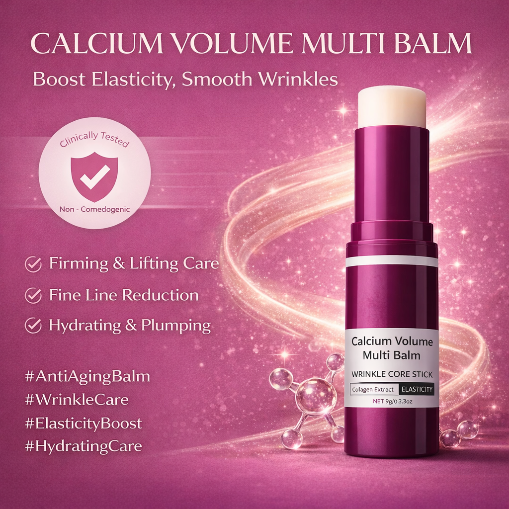 Calcium Volume Multi Balm on a pink background with text about its benefits.